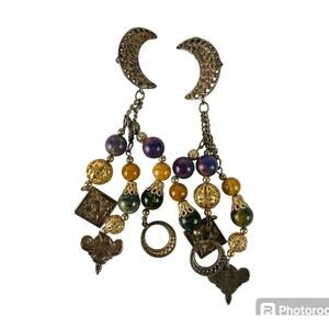 Vintage Gypsy Hippie Boho Purple Gold Color Fringe Dangle Earring Festival Celes